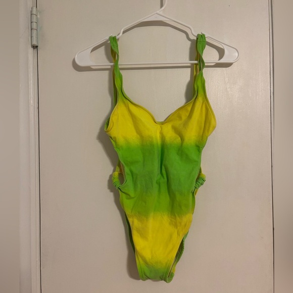 Vintage 90s Bikini One Piece Swimsuit Citrus Swim Neon Green Yellow Medium - Picture 1 of 6